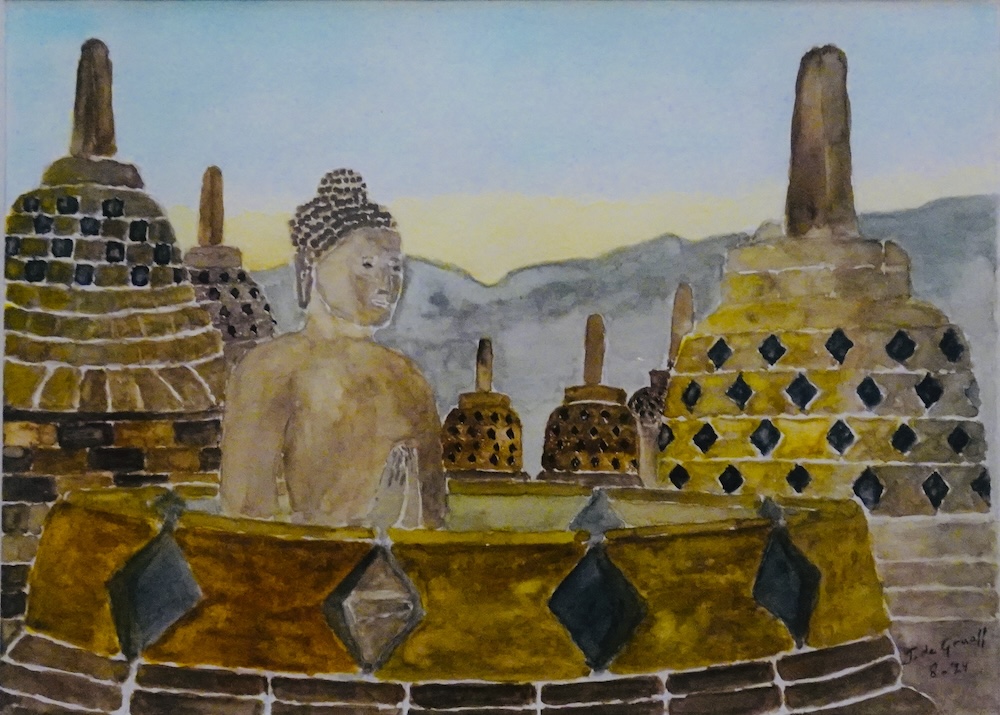 Jan de Graaff - Borobodur tempel - aquarel